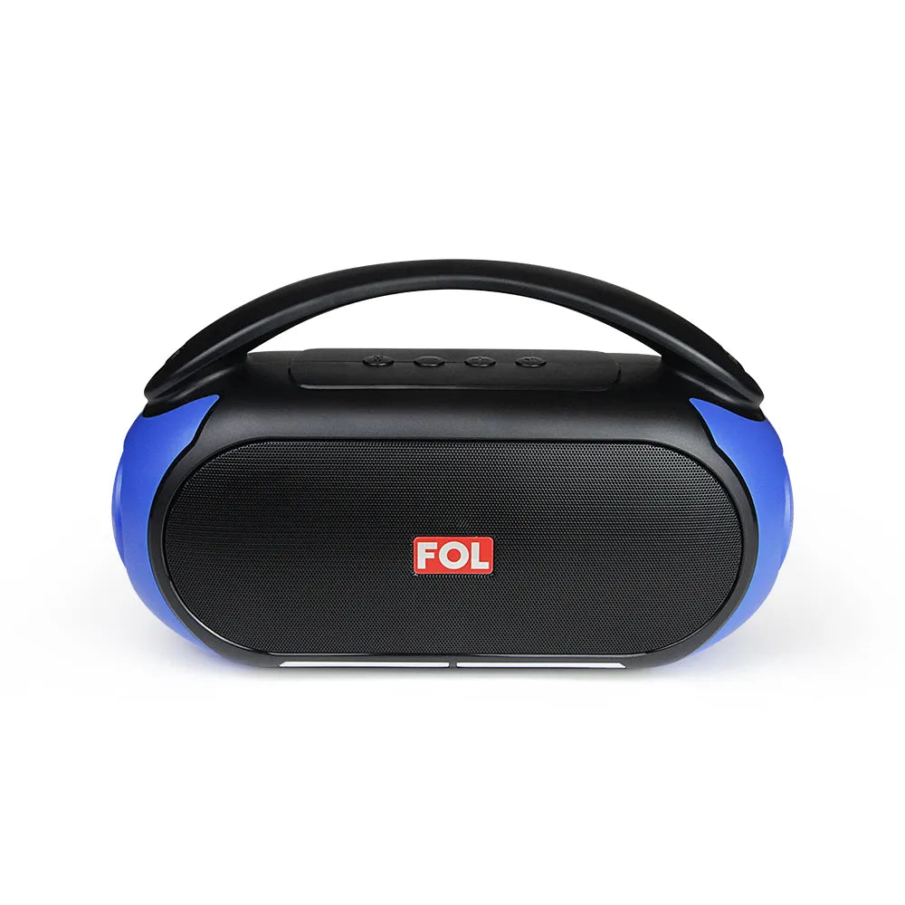 FOL FS-S312 Bluetooth speaker with a sleek black design and blue accents, featuring control buttons on top and a comfortable handle.