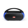 FOL FS-S312 Bluetooth speaker with a sleek black design and blue accents, featuring control buttons on top and a comfortable handle.