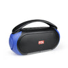 A portable black and blue speaker with a handle, featuring buttons on top and a volume dial on the side, labeled 