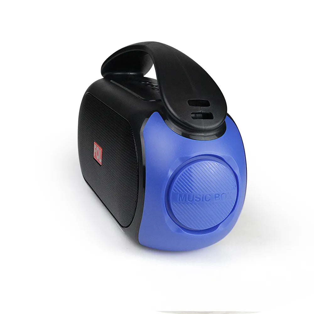 A compact black and blue FOL portable speaker, model FS-S312with a handle and large blue volume knob labeled "MUSIC BOX."