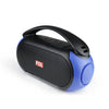 A portable Bluetooth speaker with a blue and black design, featuring a handle and control buttons on top, labeled with 