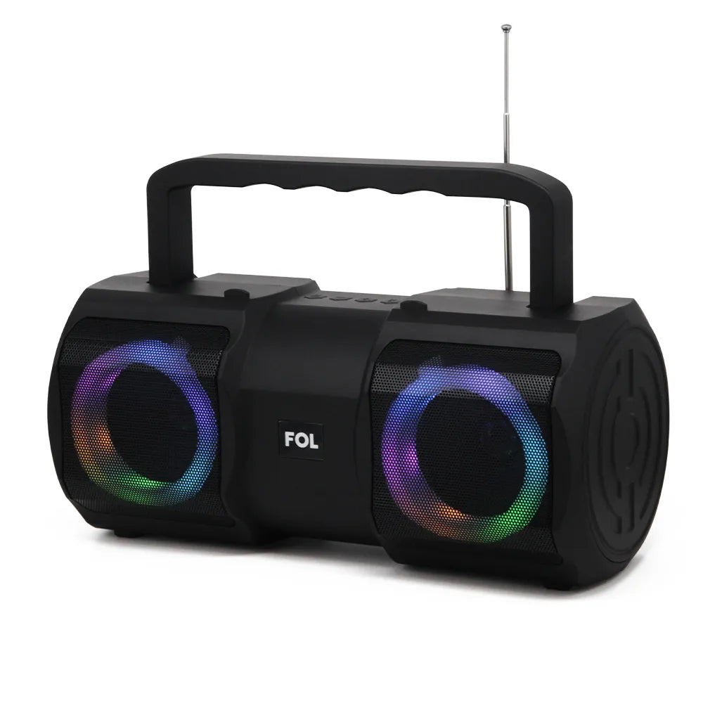 Front view of the FOL FS-S886 portable speaker with dual 66mm drivers and RGB lights

