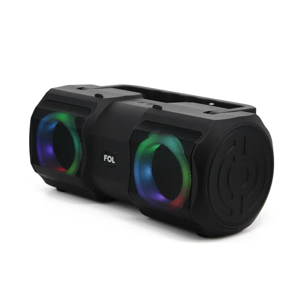 FOL FS-S886 speaker with extended handle and FM radio antenna raised for signal reception