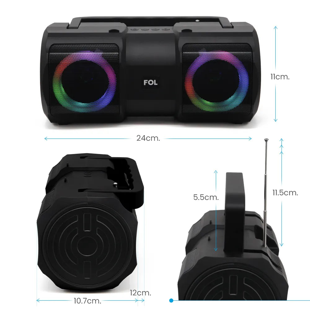 Rear view of FOL FS-S886 speaker highlighting connectivity ports: USB, microSD, AUX, and charging port