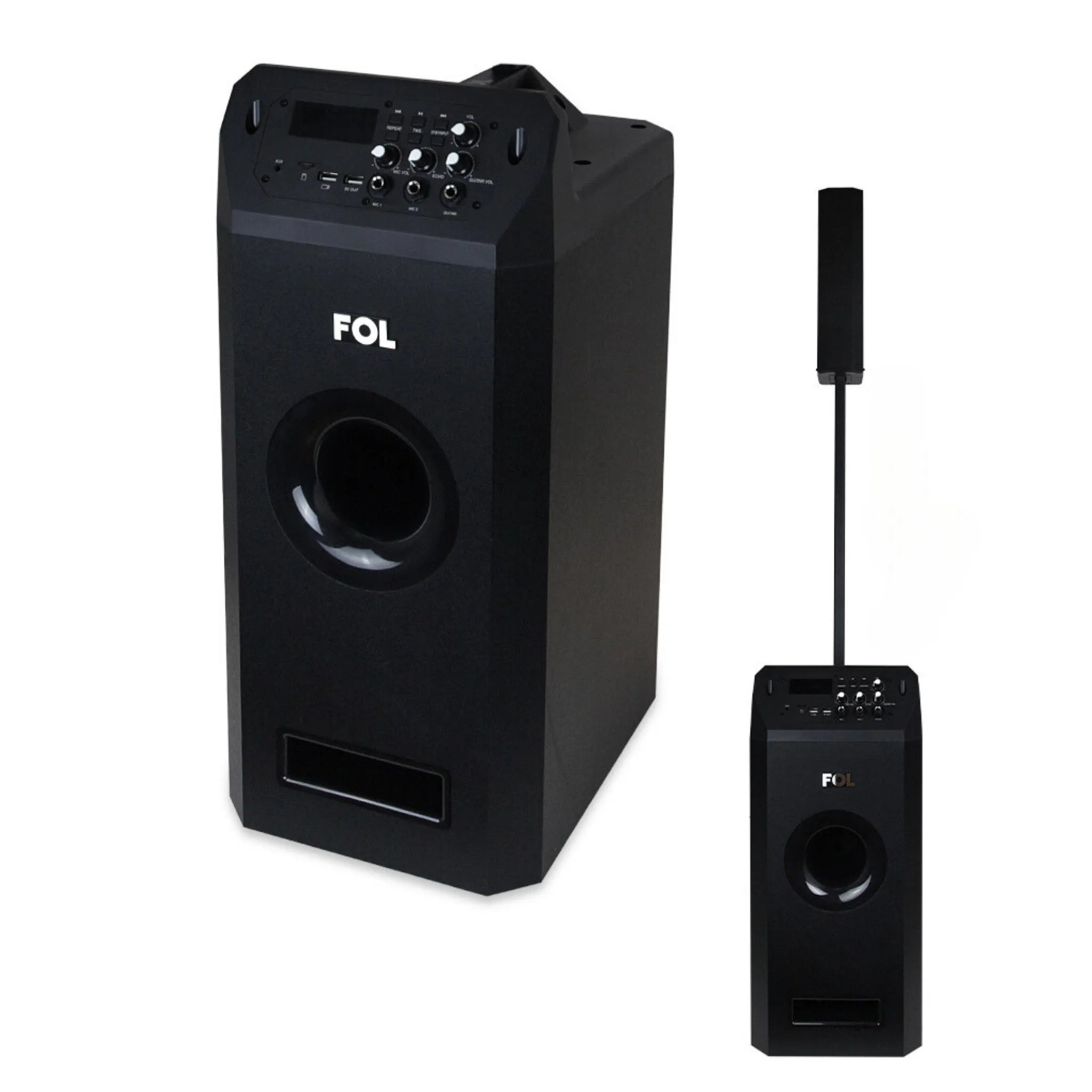 Side view of FS-T109 Audio Tower, showcasing its 8-inch subwoofer, 4 top 2.25-inch speakers, and support pole for a powerful audio experience.