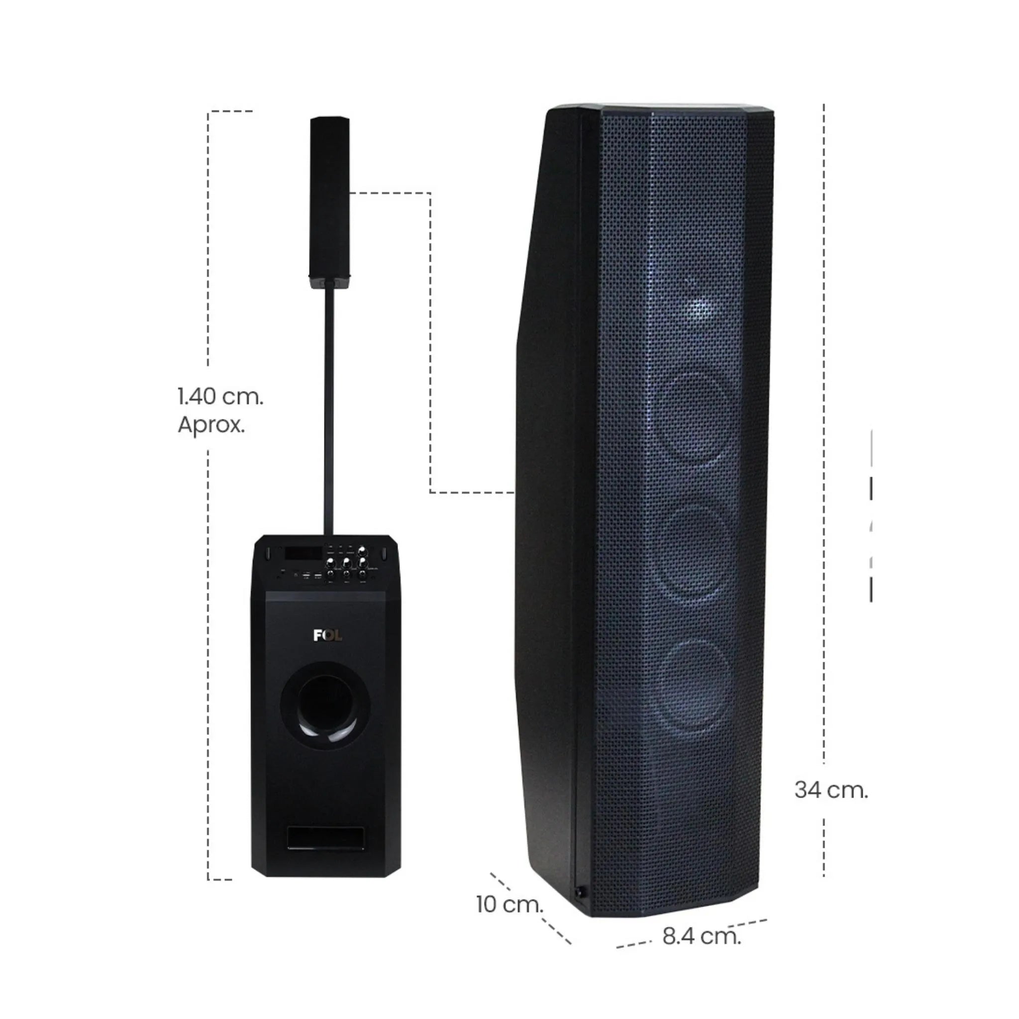 Compact view of FS-T109 Audio Tower, a portable sound tower with Bluetooth, AUX, and TWS syncing for immersive sound in any space.