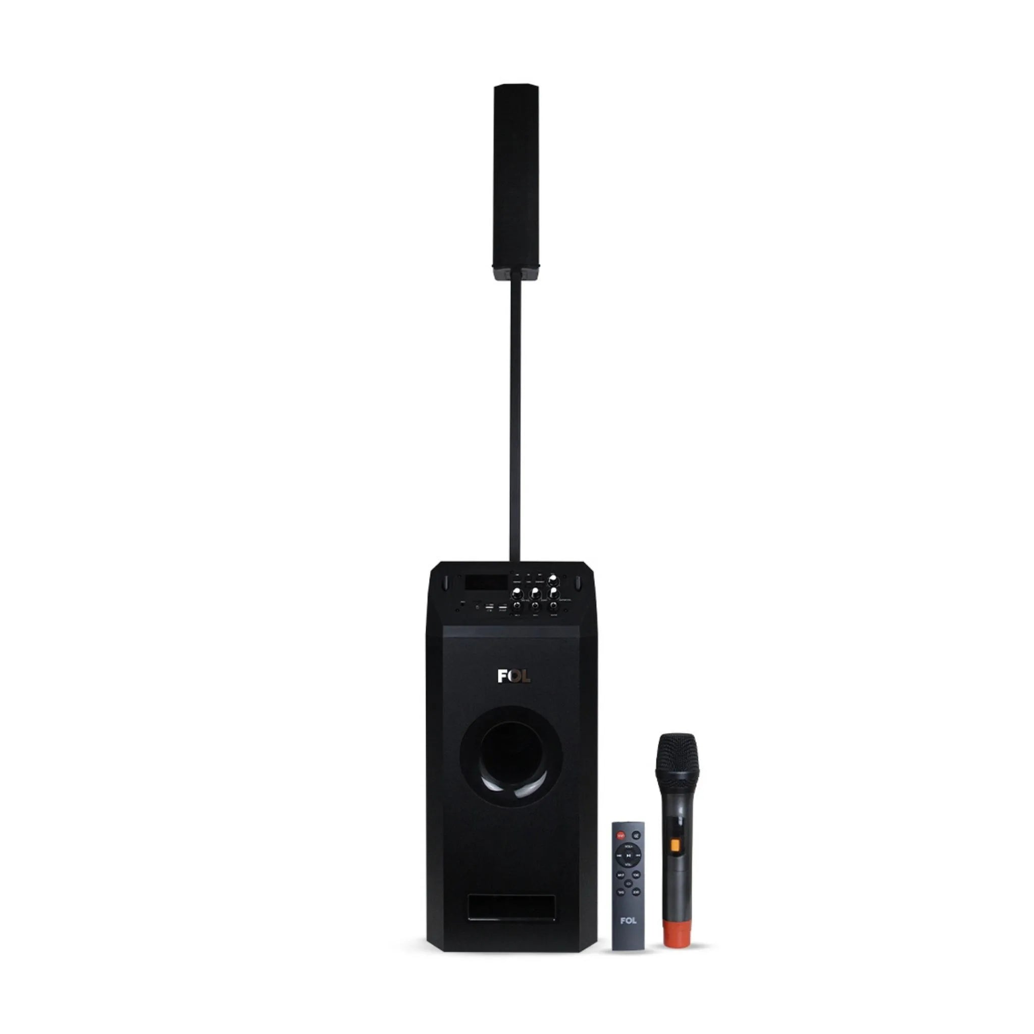 "FS-T109 Audio Tower with Subwoofer, featuring an 8-inch subwoofer, 200W + 100W output, Bluetooth connectivity, and a wireless microphone for karaoke."