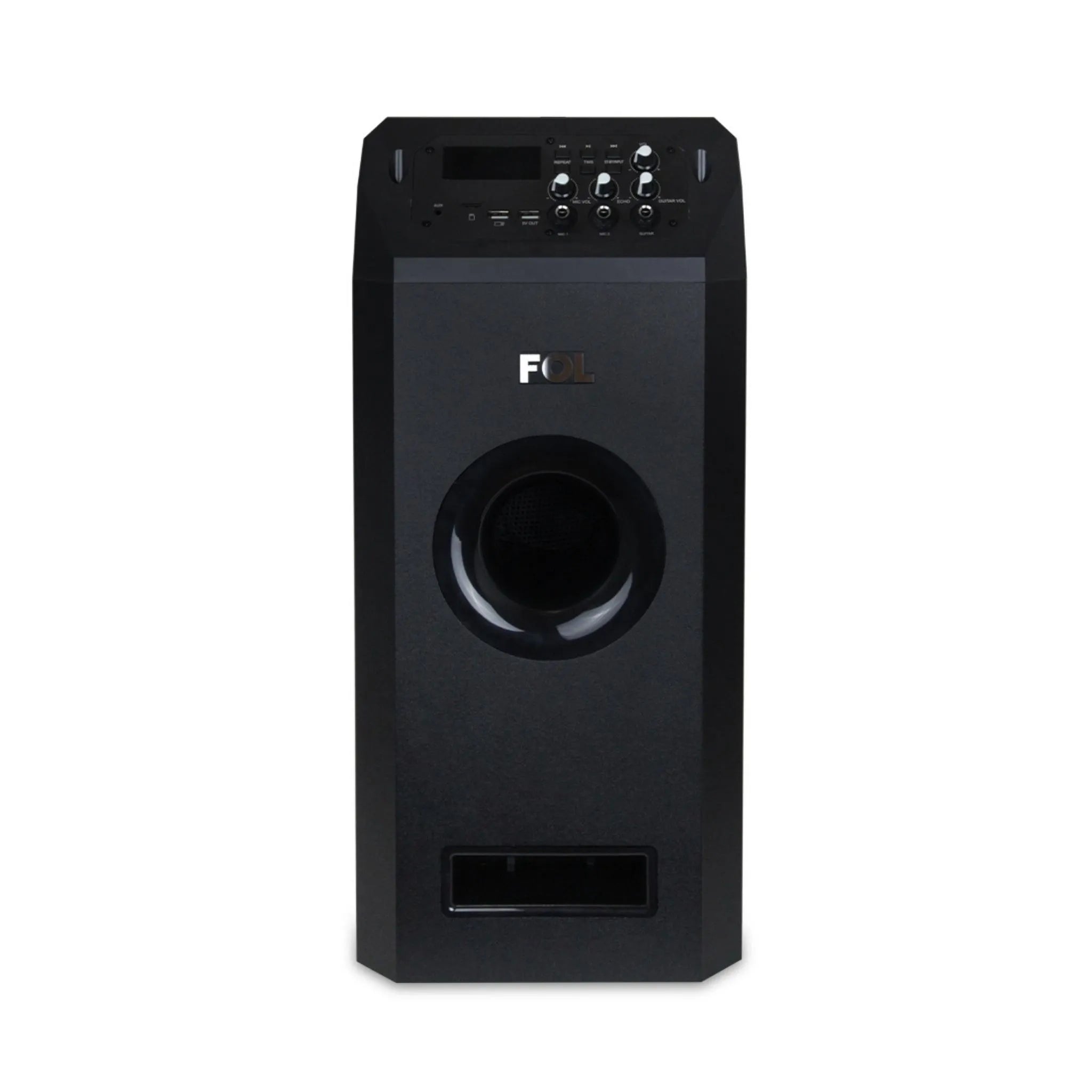 Front view of FS-T109 Audio Tower, highlighting its sleek black design, 2 microphone inputs, guitar input, and USB/microSD ports for versatile playback.