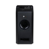 Front view of FS-T109 Audio Tower, highlighting its sleek black design, 2 microphone inputs, guitar input, and USB/microSD ports for versatile playback.