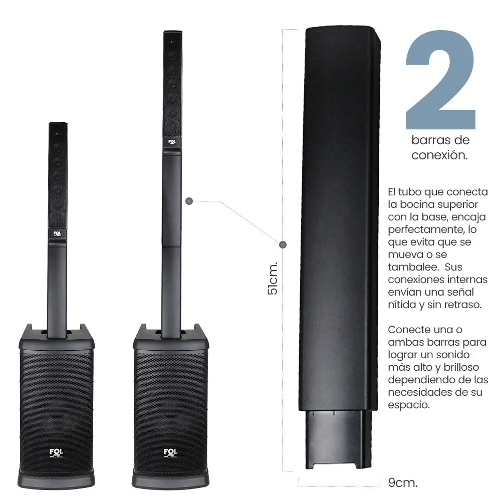 Speaker Components: Breakdown of the FOL FS-T888 components, including the detachable top horn and subwoofer.