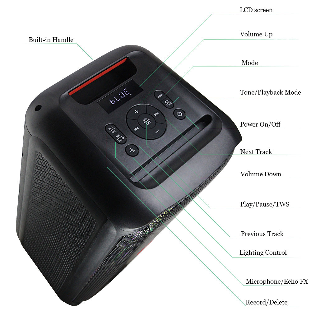 Top panel of FS-L2216 portable speaker featuring control knobs and input options