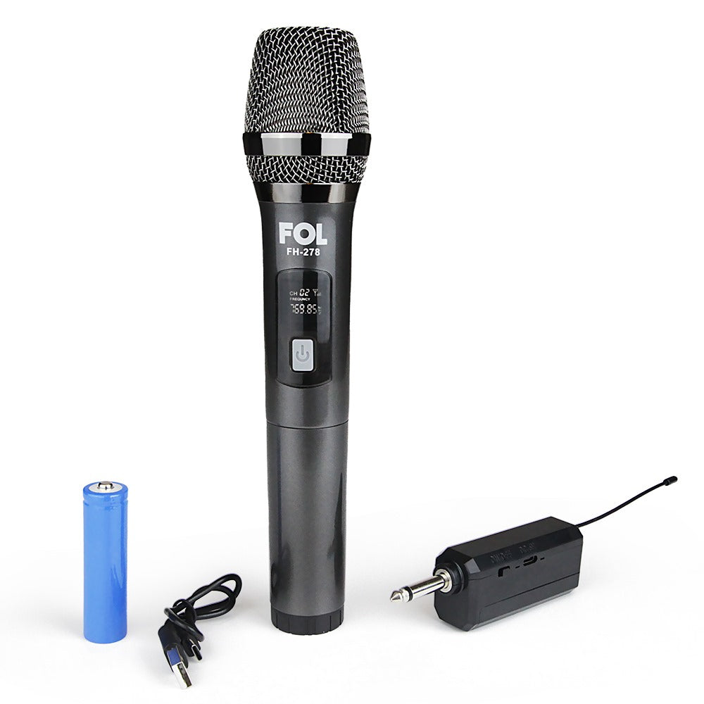 Portable wireless microphone with AA battery support and lightweight design for easy transport.